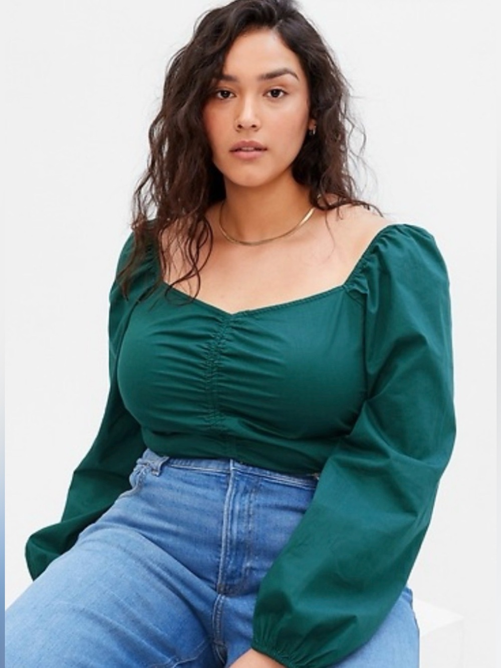GAP Forest Green Puff Sleeve Sweetheart Ruched Top XL Tall NWT